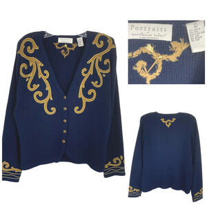 Vtg Portraits x Northern Isles Sz L Navy Blue Gold Applique Cardigan Sweater